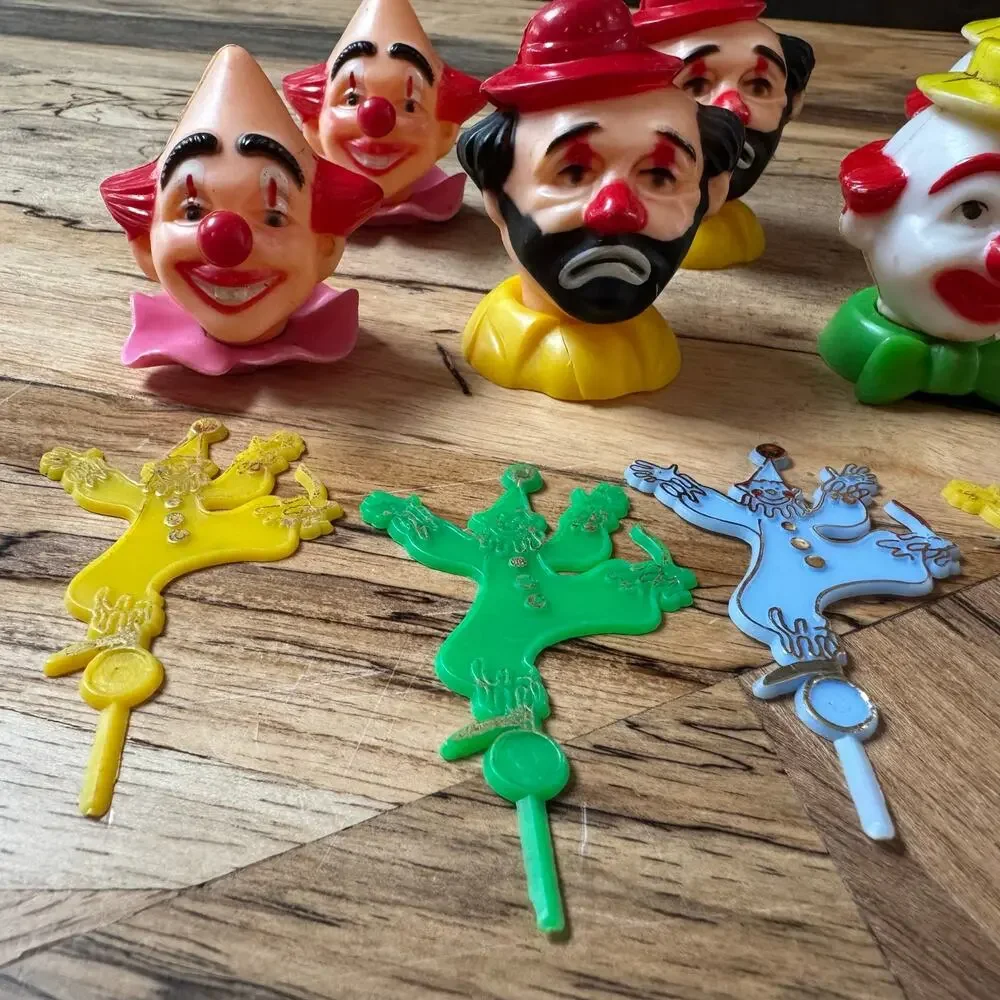 Vintage Plastic Clown Cupcake Picks, Retro Circus Cake Toppers Lot, 1970s 1980s